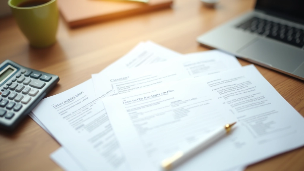 Plan financier sur bureau avec stylo, calculatrice et documents d'épargne, lumière naturelle chaude