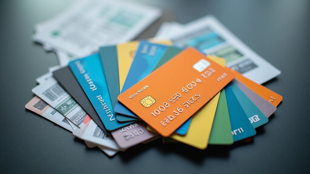 Cartes de crédit colorées étalées sur une surface, représentant l'endettement et les dépenses à crédit