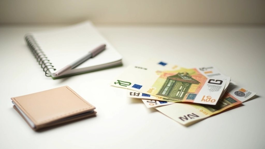 Portefeuille et billets d'euros sur une surface neutre avec des chiffres en arrière-plan