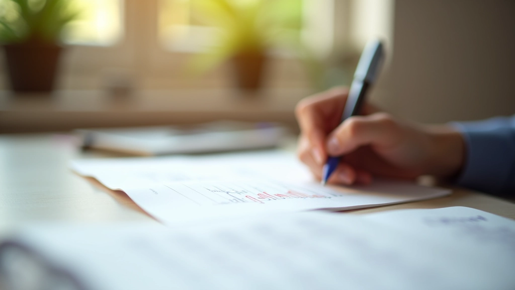 Gros plan d'une main écrivant sur un carnet financier avec un crayon, bureau organisé