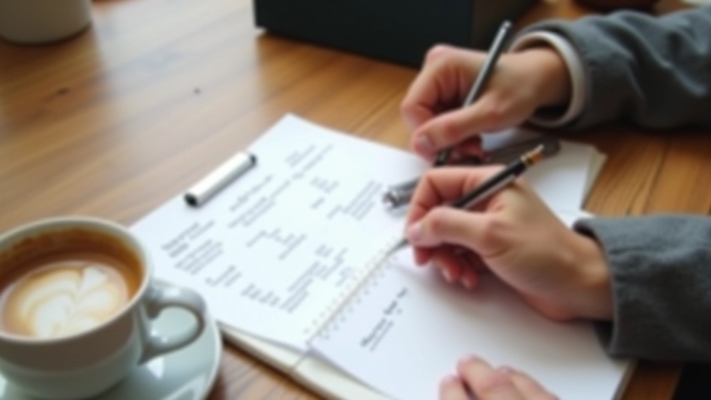 Mains tenant un stylo et ajustant des colonnes de chiffres dans un carnet de budget mensuel