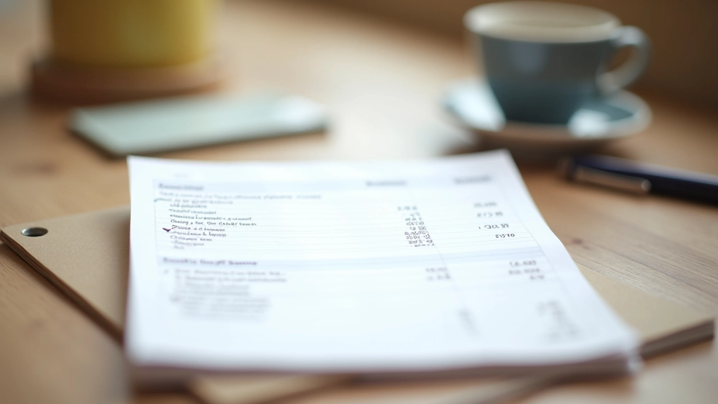 Carnet de notes avec calculs budgétaires et un stylo sur un bureau avec une tasse de café