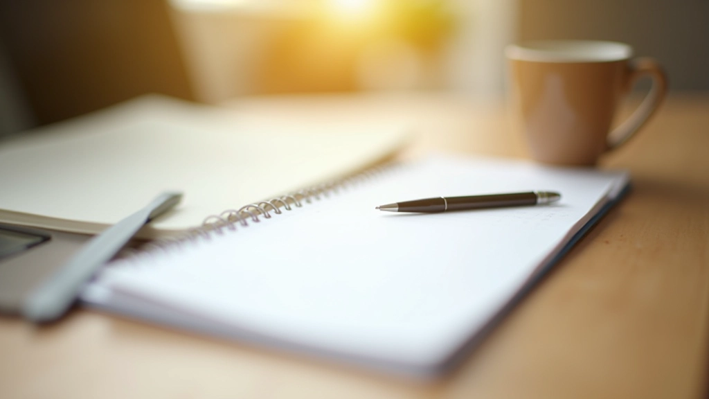 Cahier avec notes organisées et stylo sur un bureau avec une tasse de café, symbolisant la planification financière