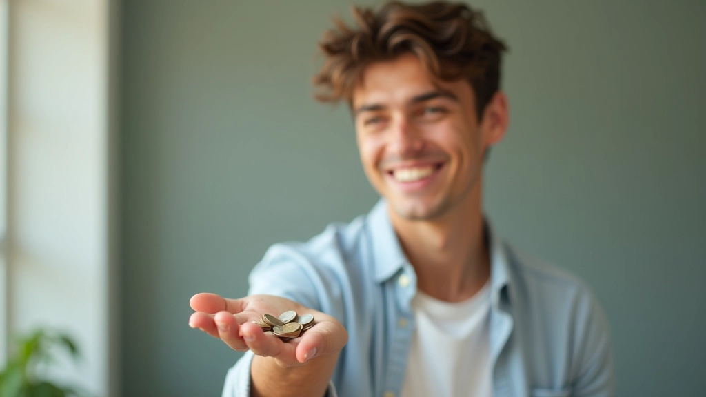 Jeune adulte tenant des pièces de monnaie, souriant, avec une expression de confiance financière