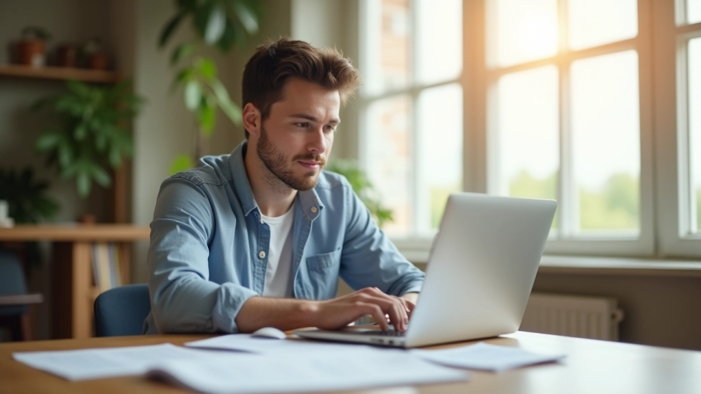 Jeune adulte à un bureau avec un ordinateur portable et des documents financiers