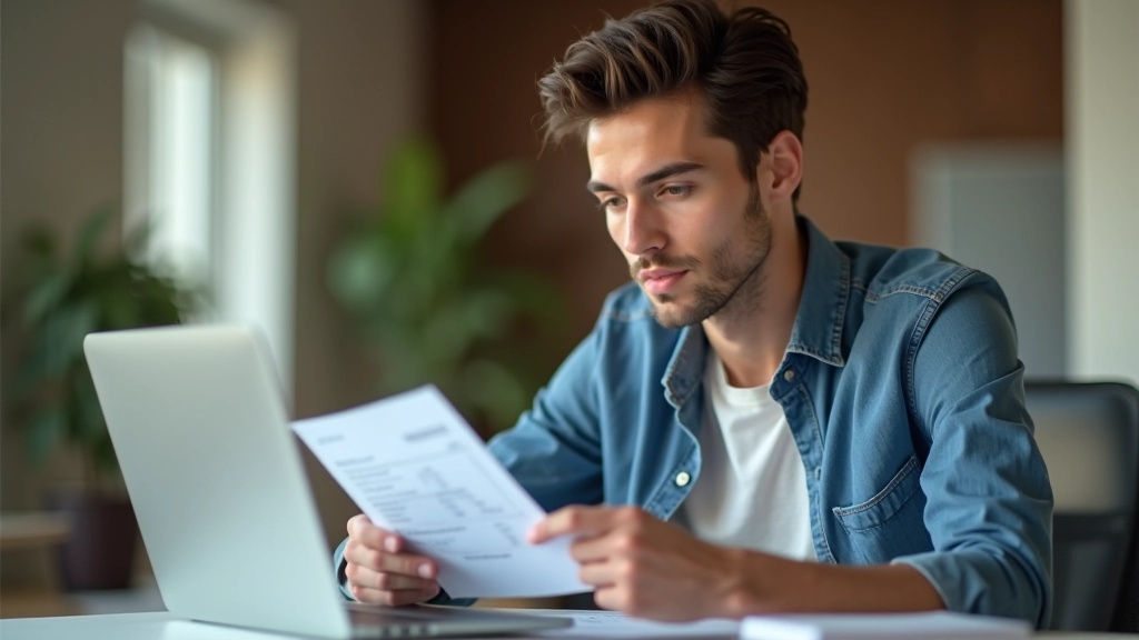 Jeune professionnel analysant sa fiche de paie sur son ordinateur portable