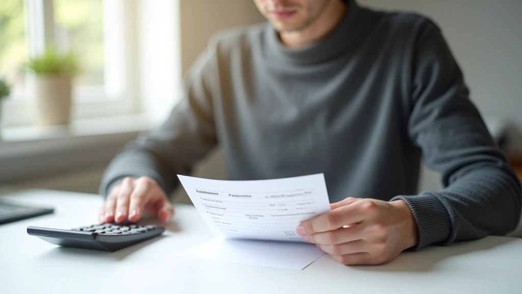 Homme jeune étudiant une fiche de paie imprimée à son bureau avec calculatrice et bloc-notes