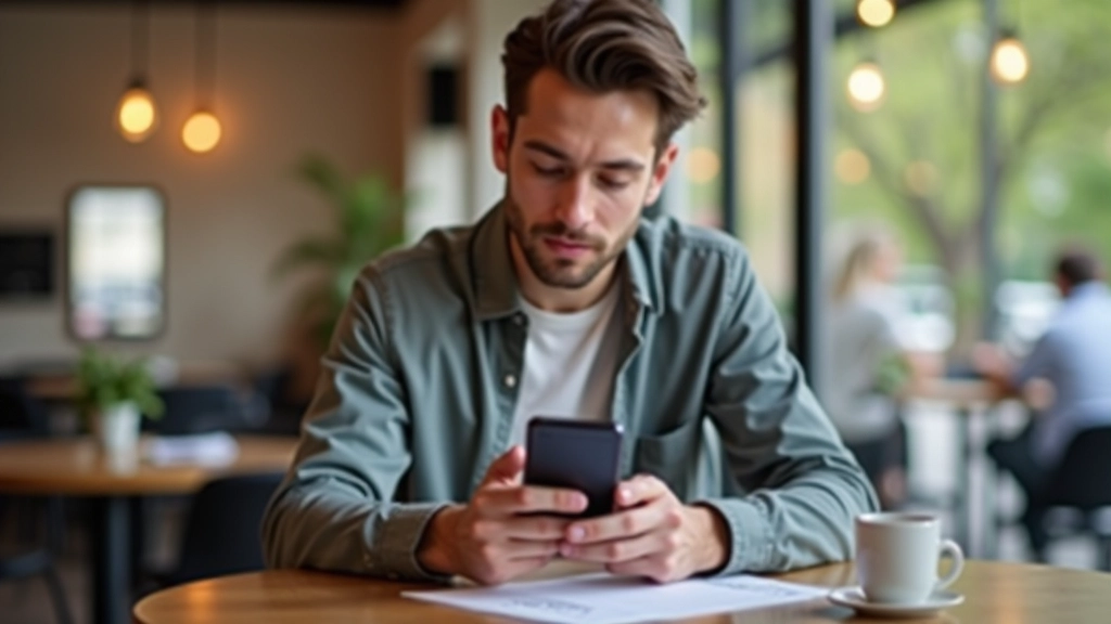 Homme jeune consultant une application bancaire sur son téléphone montrant son solde