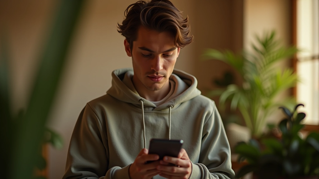 Personne vérifiant ses dépenses mensuelles sur un téléphone mobile, assise confortablement