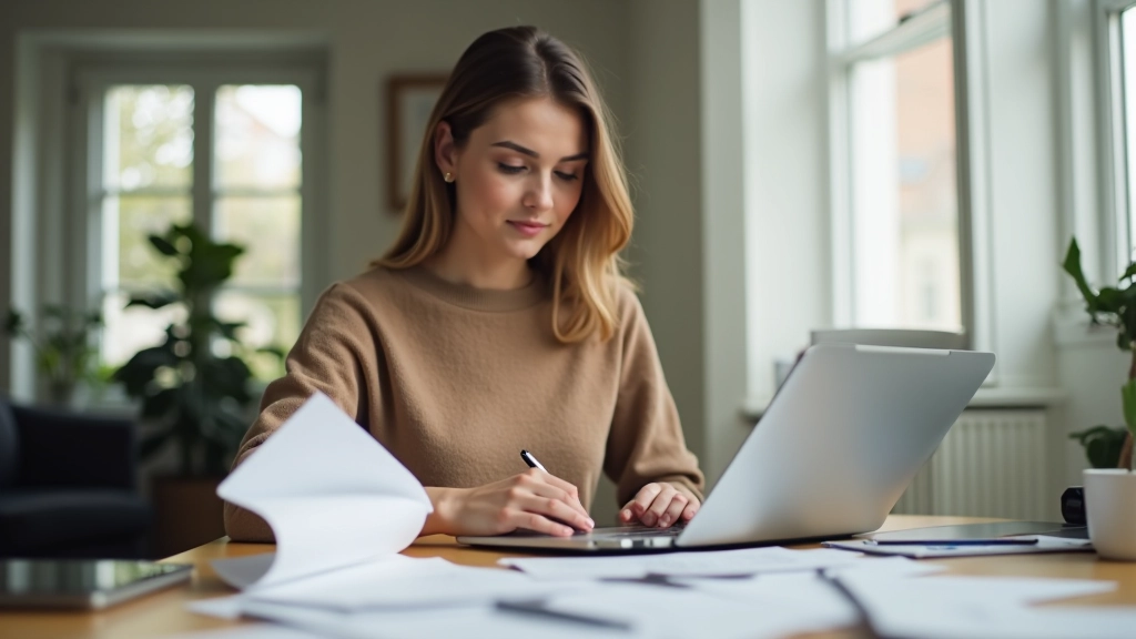 Femme regardant sa fiche de paie sur un écran d'ordinateur portable, bureau moderne avec plantes, lumière naturelle