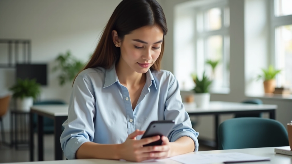 Jeune femme à son bureau, utilisant son téléphone pour vérifier son compte bancaire, éclairage de bureau