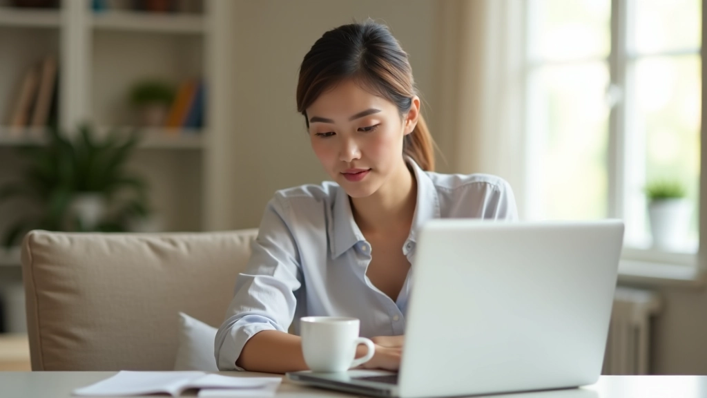 Jeune femme lisant des articles informatifs sur son ordinateur portable dans un environnement confortable