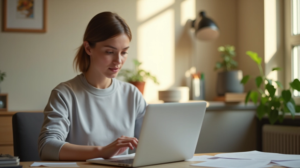 Jeune femme regardant sa fiche de paie sur son ordinateur portable à son bureau